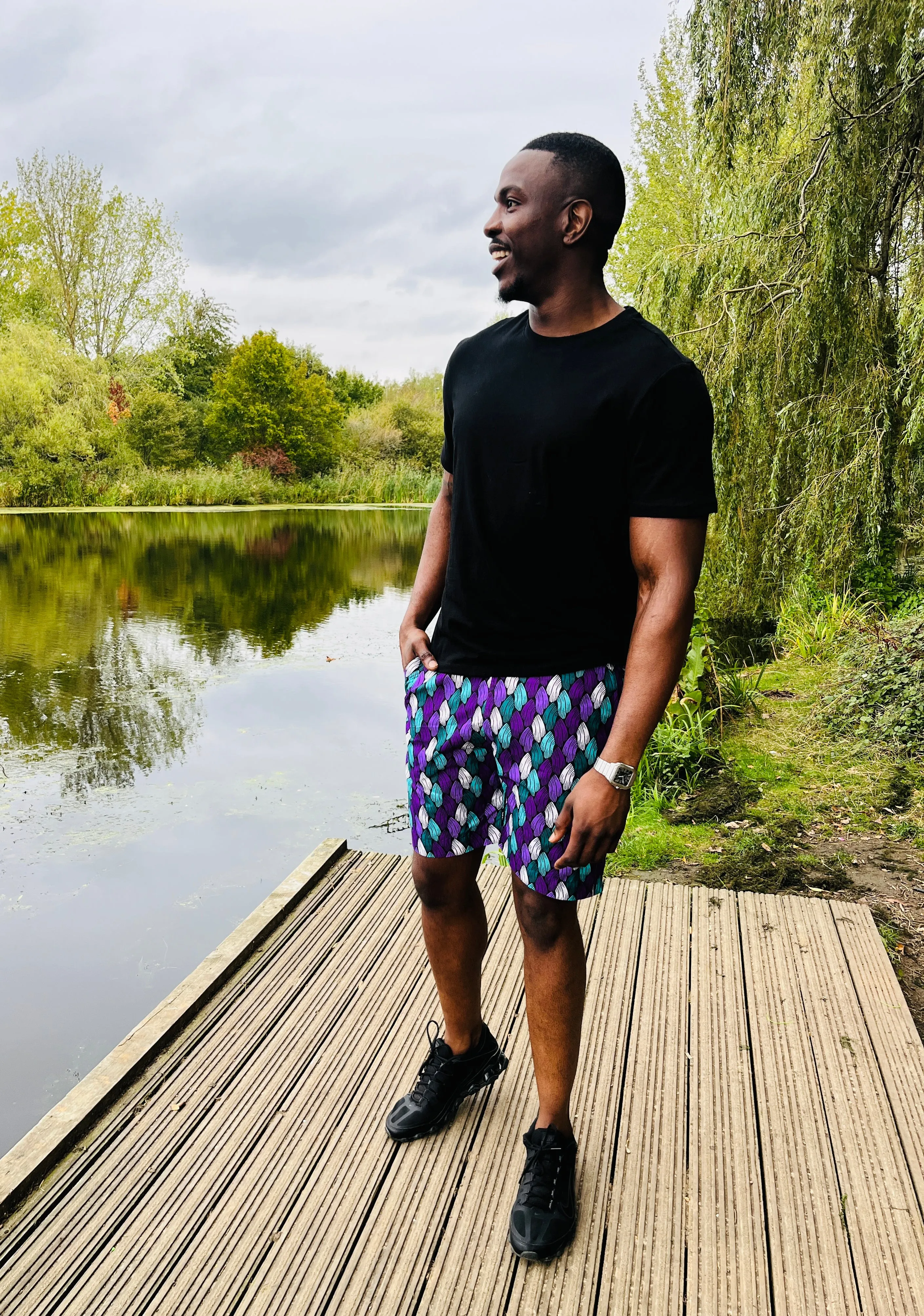 The Bassi Men Ankara African Print Shorts in Purple by Eldimaa Fashion