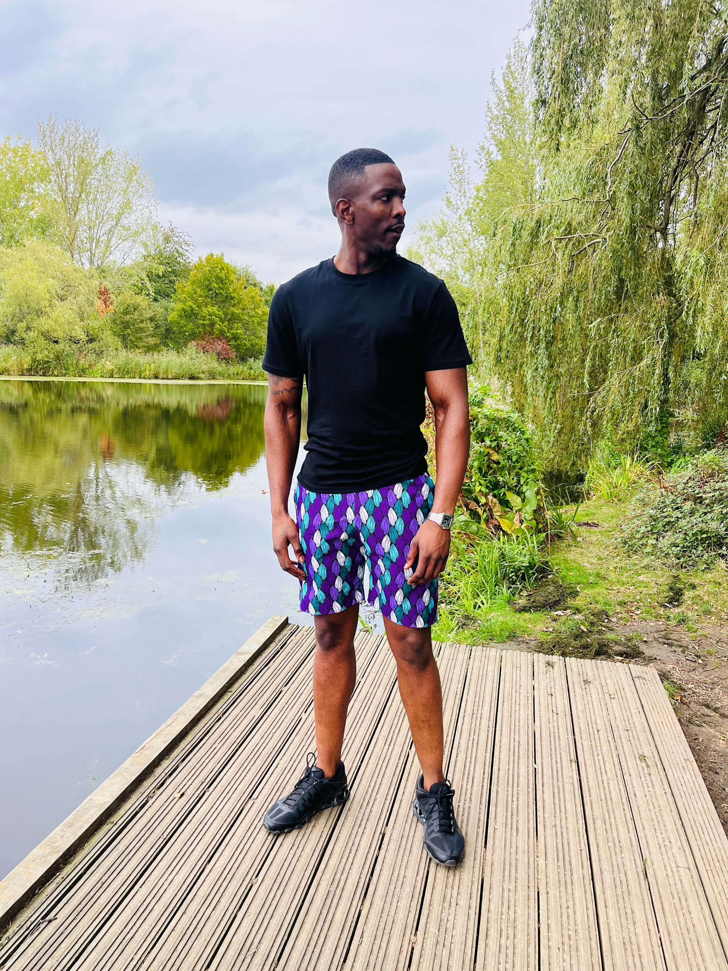 The Bassi Men Ankara African Print Shorts in Purple by Eldimaa Fashion