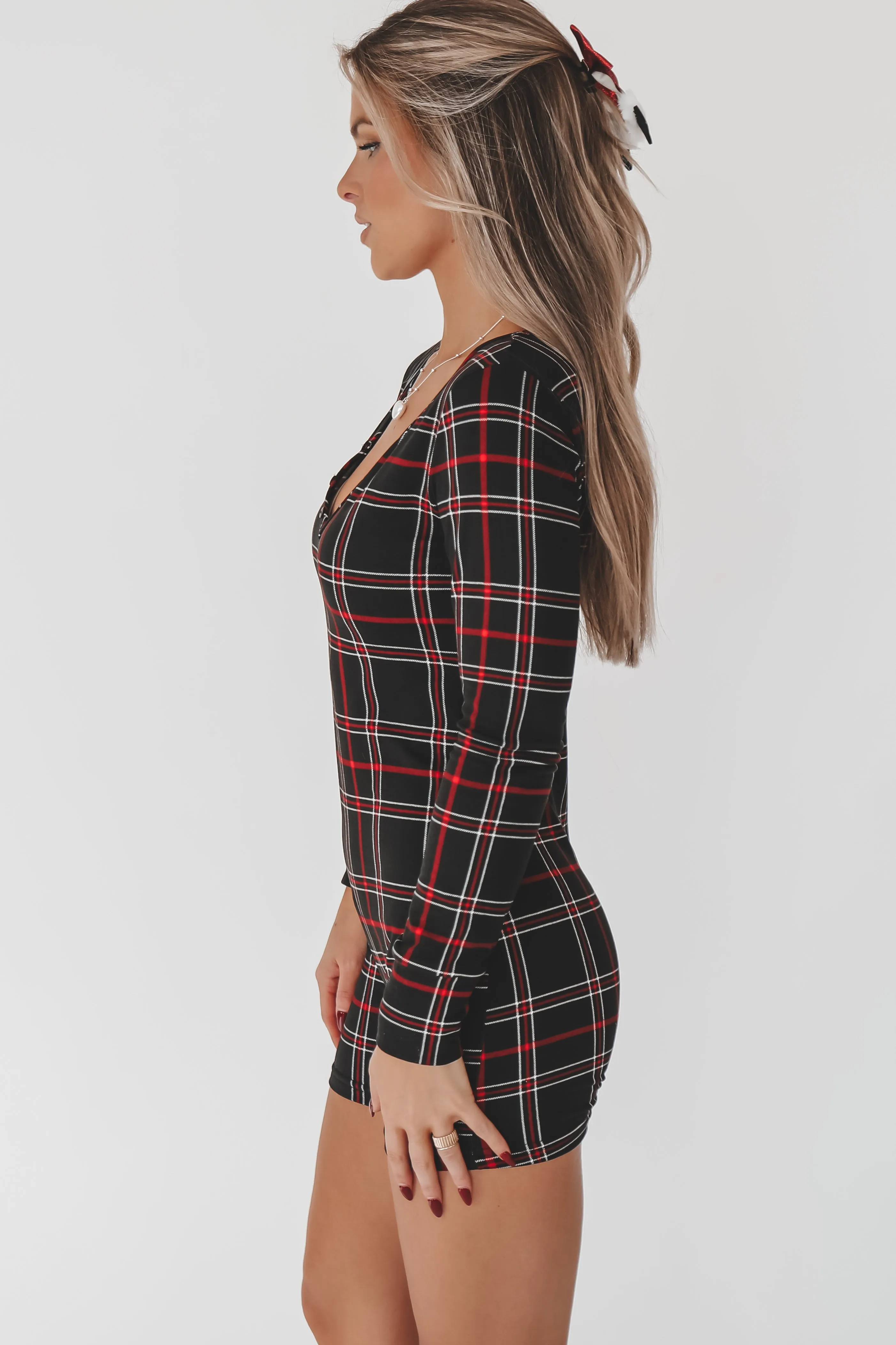 Tis The Season Black Plaid Long Sleeve Christmas Pajama Romper