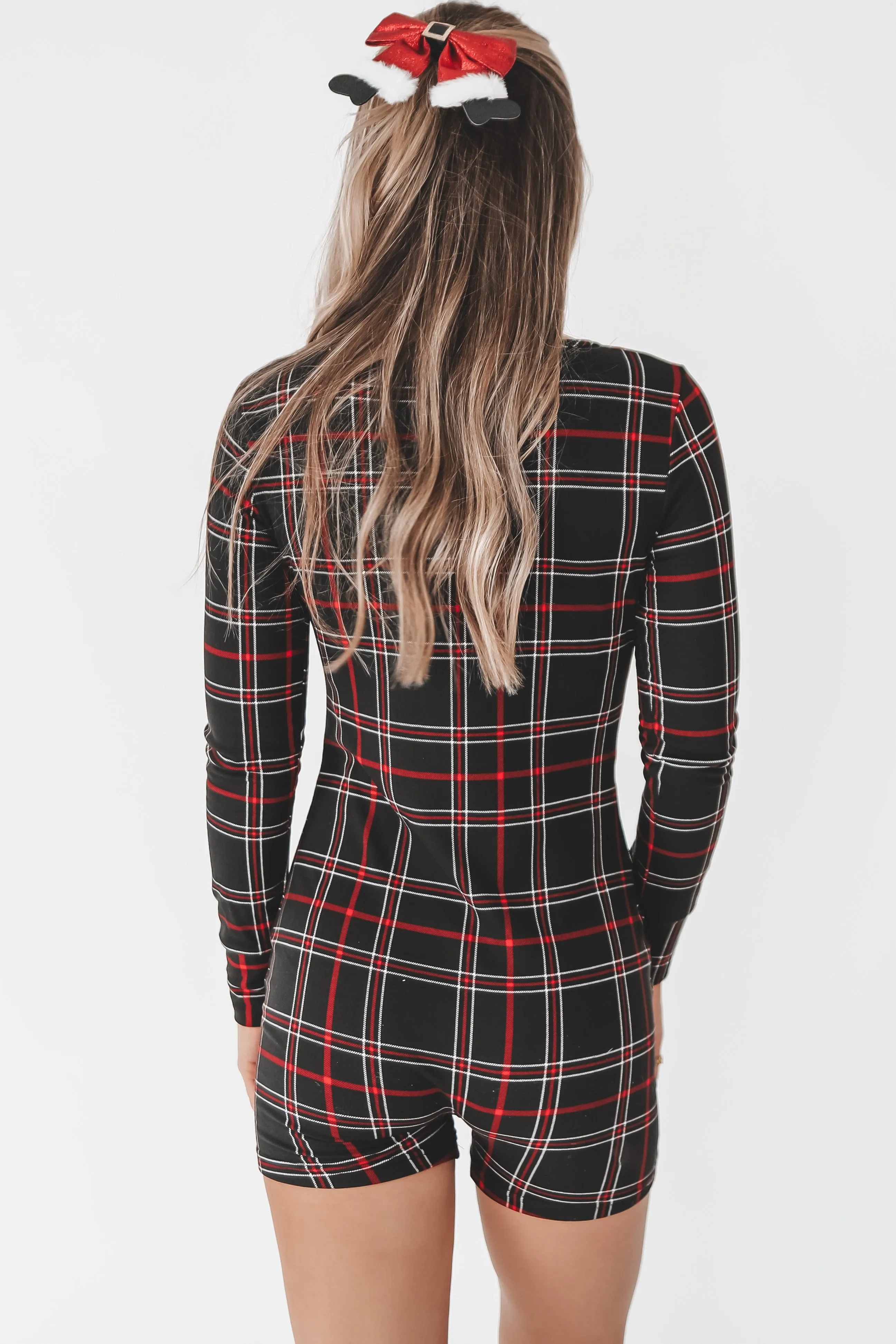 Tis The Season Black Plaid Long Sleeve Christmas Pajama Romper