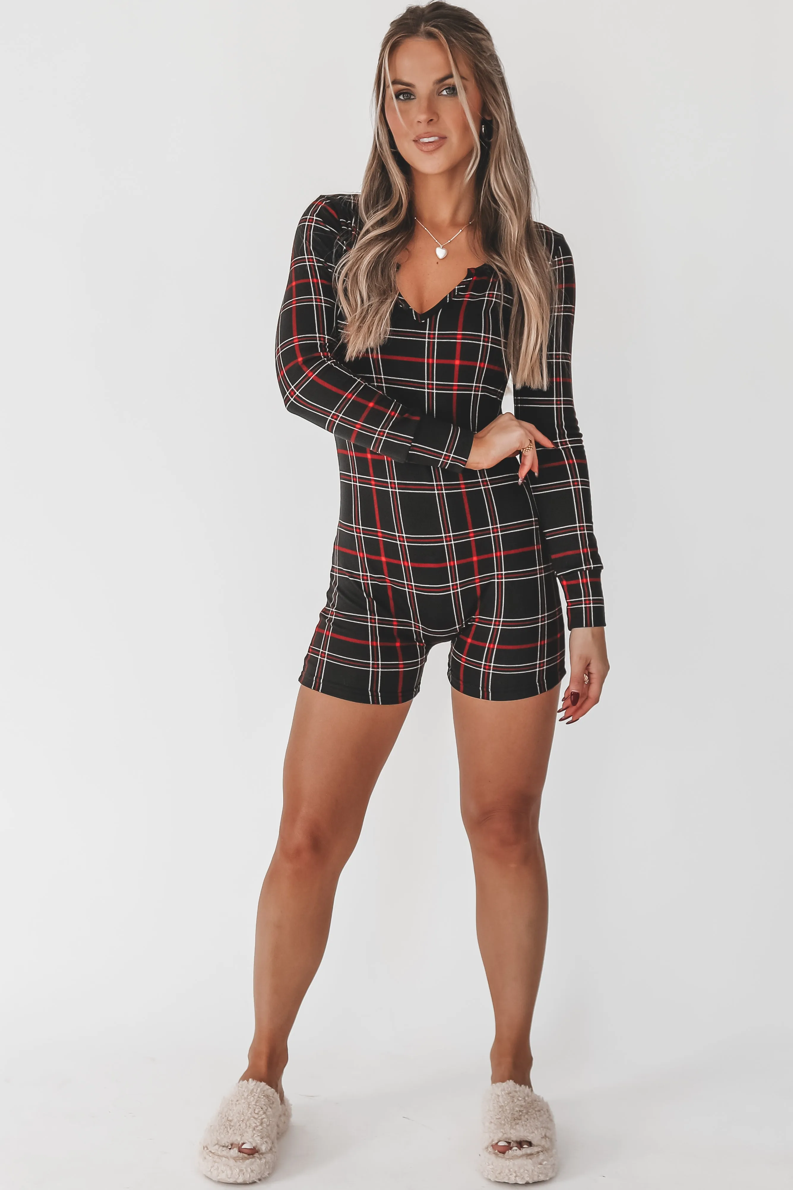 Tis The Season Black Plaid Long Sleeve Christmas Pajama Romper