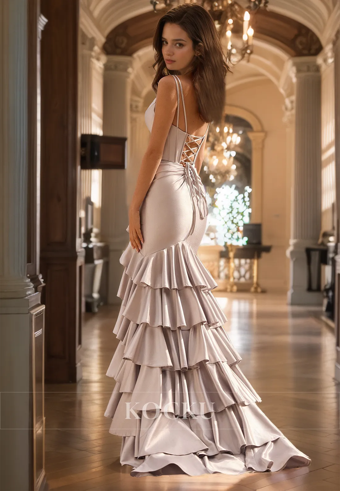 V-Neck Spaghetti Straps Sleeveless Mermaid High Slit Stripe Satin Formal Dress Prom Dress with Train