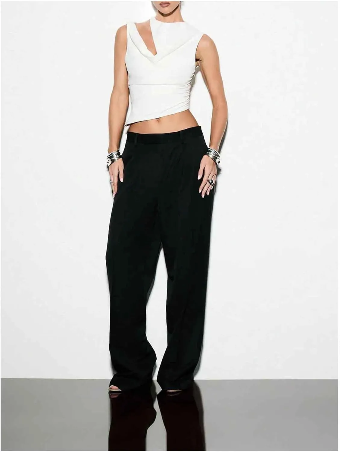 Women's Asymmetrical Cut Out Draped Tank Top Sleeveless Elegant Ruched Crop Tops
