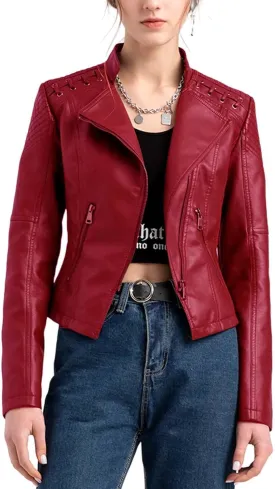 Women's Faux Leather Jacket Varsity Moto Biker Bomber Jackets Casual Lightweight Outerwear Short Coats