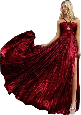 Women's Spaghetti Strap Metallic Sparkly Prom Dress Formal Pleated Long Evening Dress