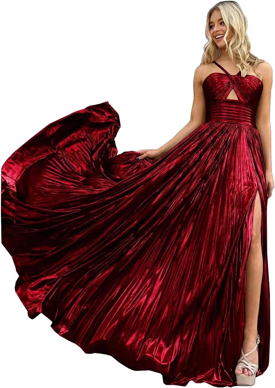 Women's Spaghetti Strap Metallic Sparkly Prom Dress Formal Pleated Long Evening Dress