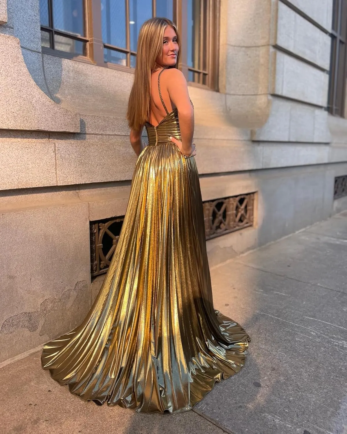Women's Spaghetti Strap Metallic Sparkly Prom Dress Formal Pleated Long Evening Dress