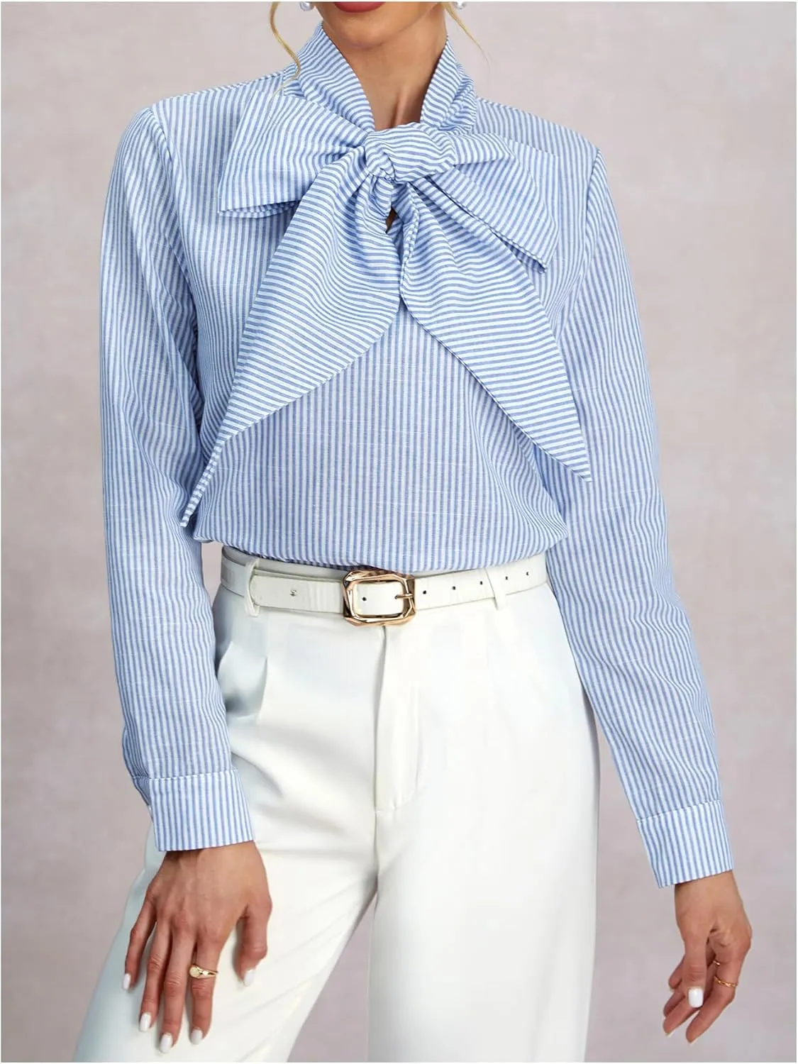Women's Striped Bow Tie Neck Long Sleeve Shirt Work Office Elegant Blouse