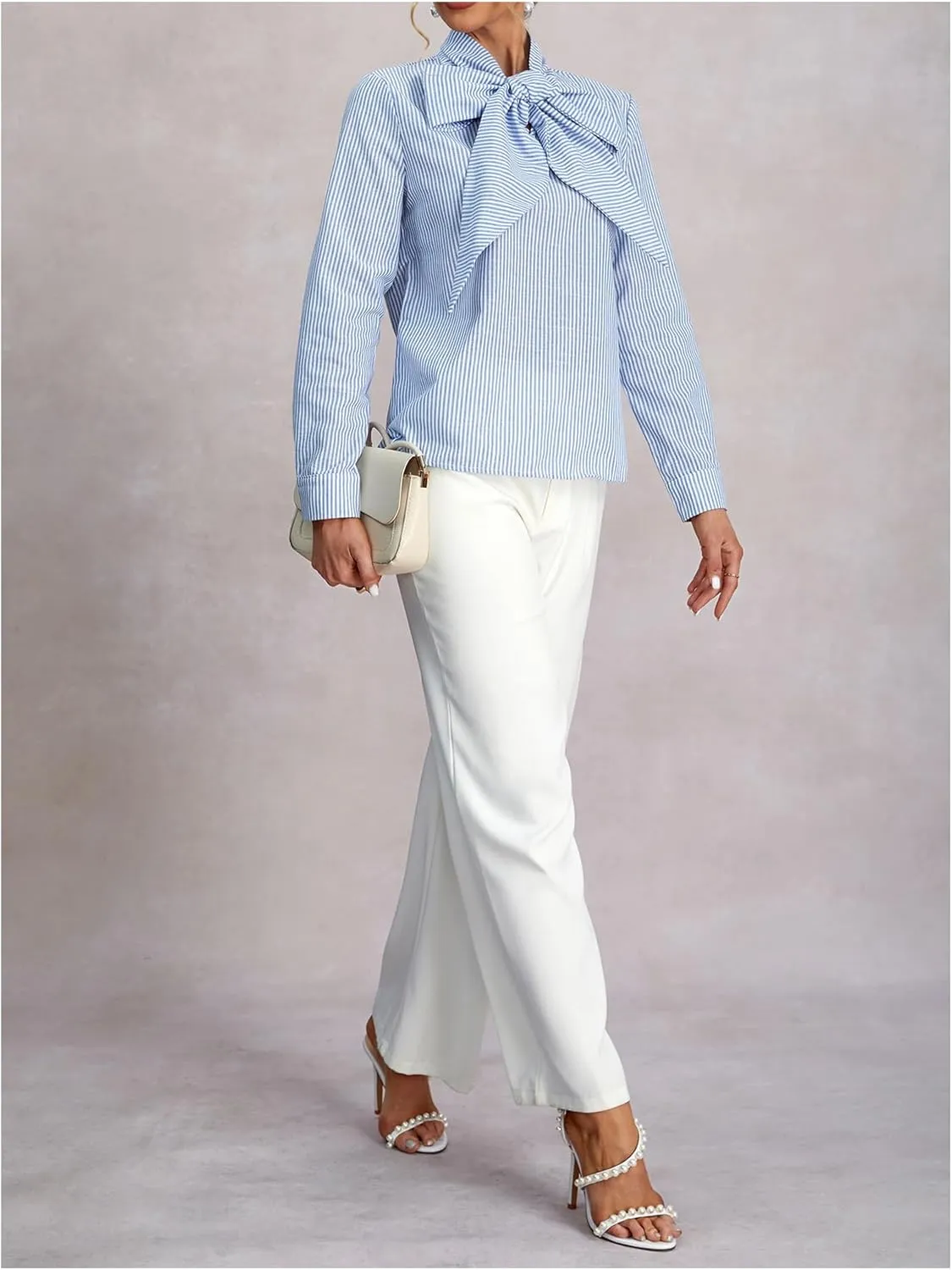 Women's Striped Bow Tie Neck Long Sleeve Shirt Work Office Elegant Blouse