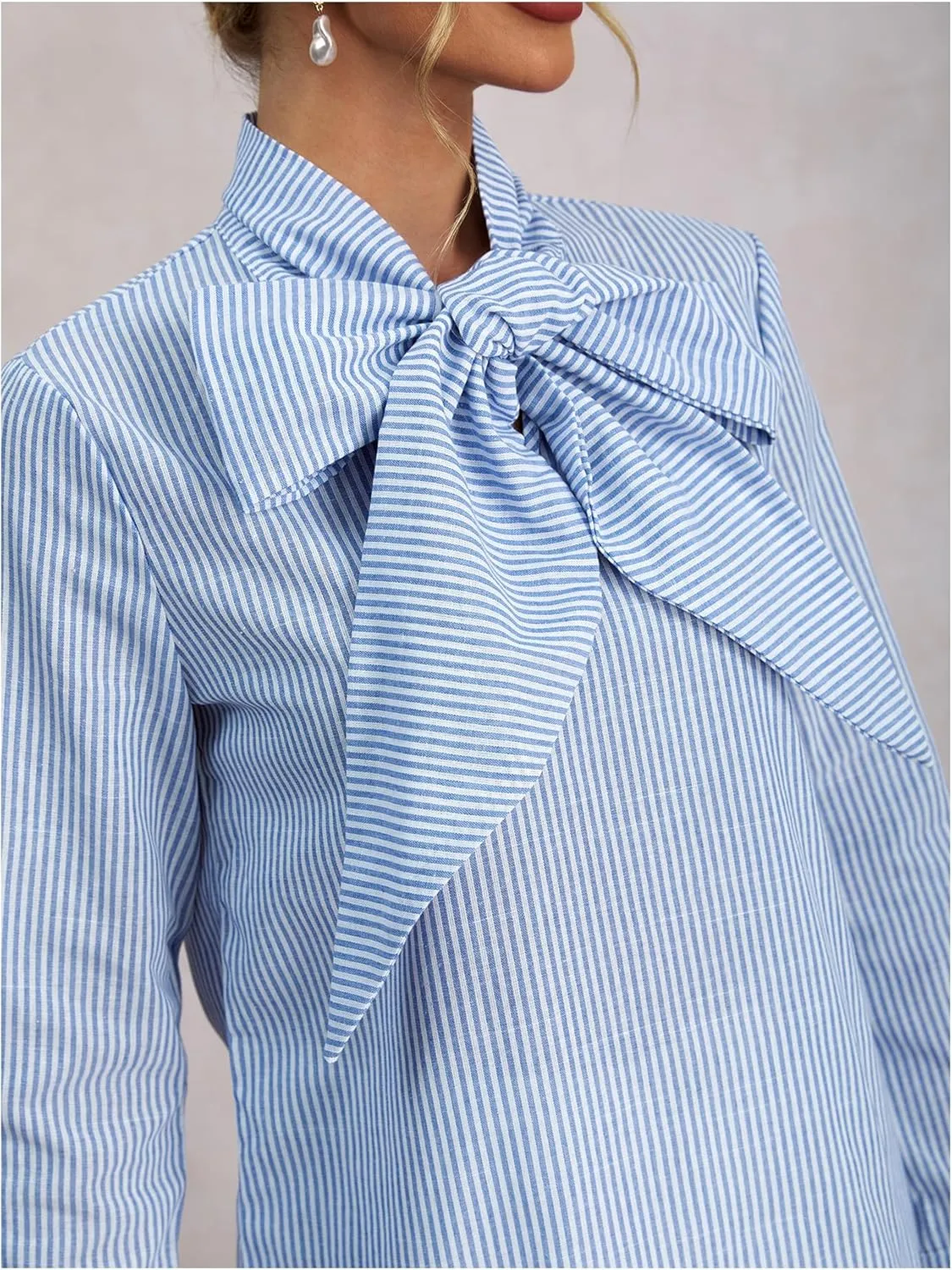 Women's Striped Bow Tie Neck Long Sleeve Shirt Work Office Elegant Blouse