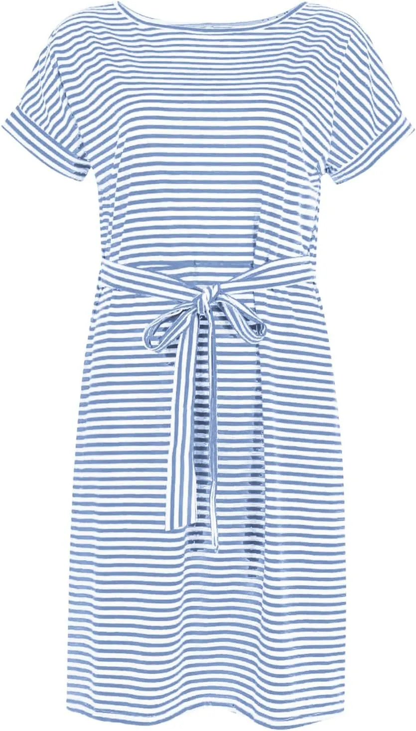 Women's Summer Dresses Striped Short Sleeve Croop Neck T Shirt Dress Tie Waist Fashion Trendy Dressy Sundress 2025