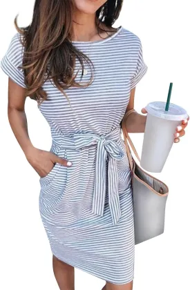 Women's Summer Dresses Striped Short Sleeve Croop Neck T Shirt Dress Tie Waist Fashion Trendy Dressy Sundress 2025